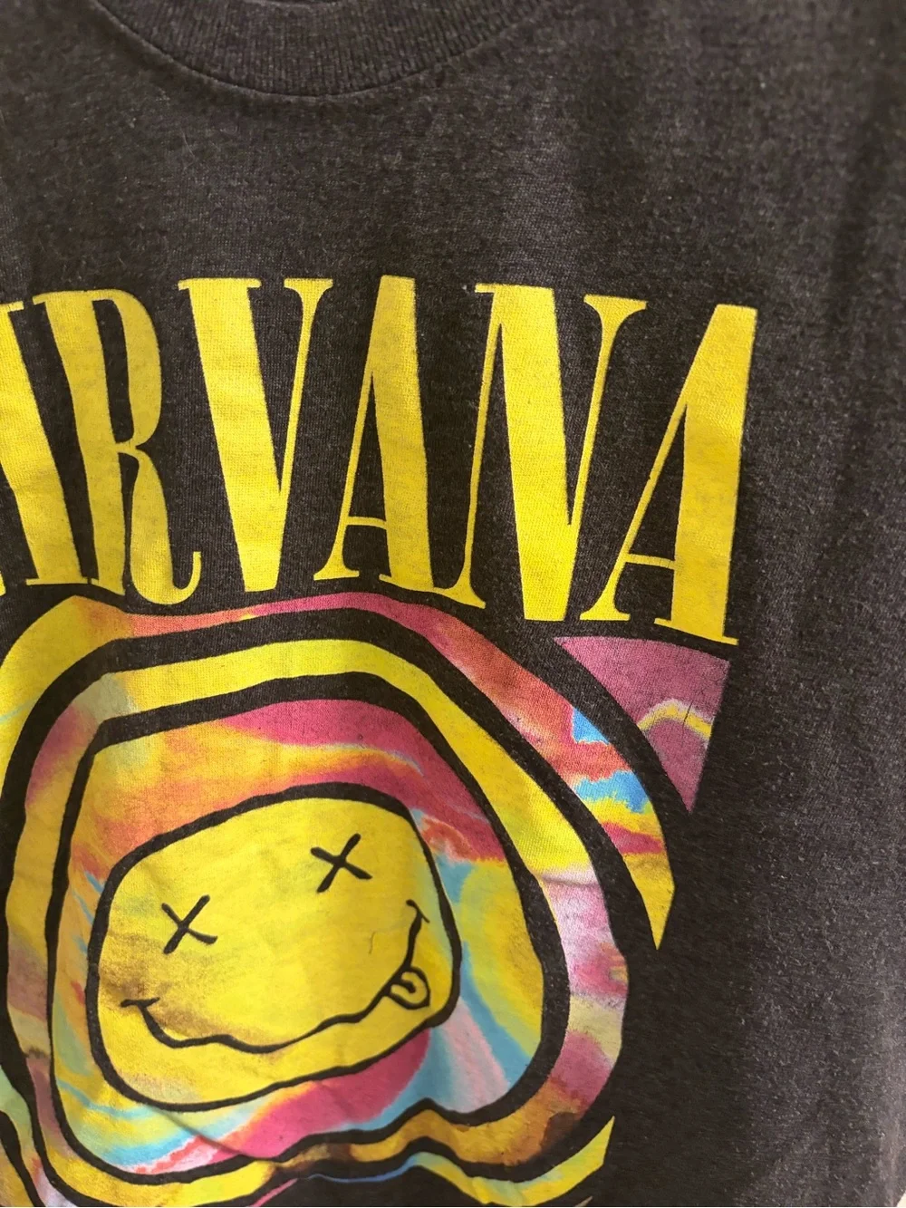 NIRVANA Gray Tee with Yellow Logo and Multicolor Tie-Dye Smiley